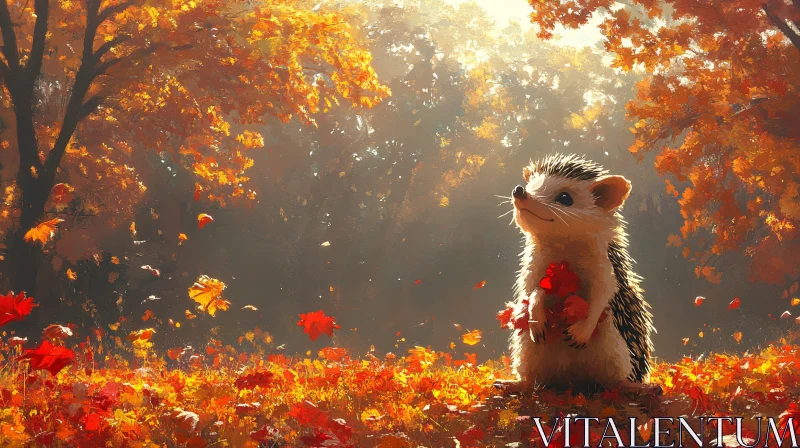 AI ART Autumnal Hedgehog with Red Leaves