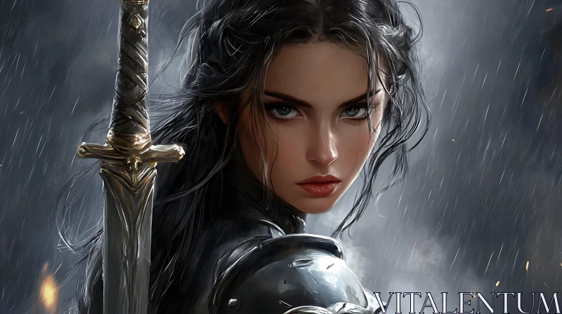 Strong Woman Warrior in the Rain AI Image