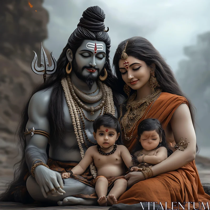 Divine Family: A Hindu Art Piece AI Image