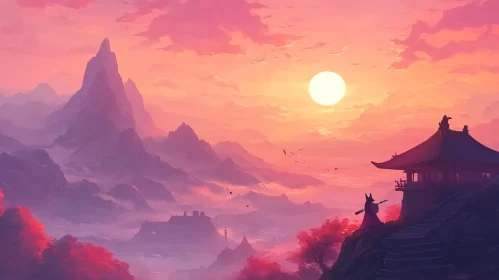 Serene Mountain Temple at Sunset