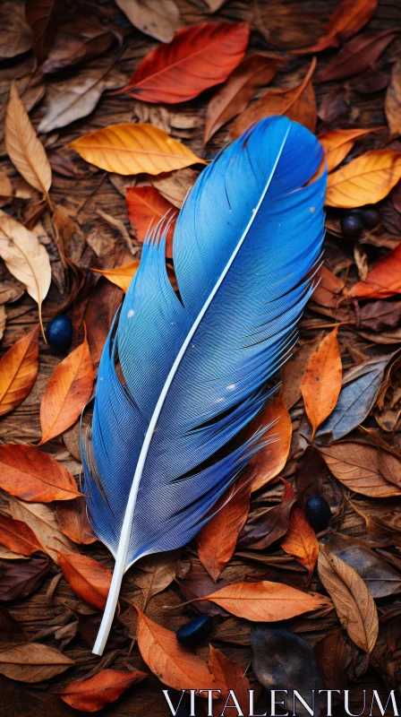 Blue Feather on Colored Leaves - Nature's Harmony in Warm Palettes AI Image