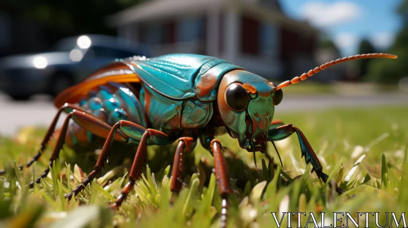 Blue-Green Beetle in Grass: Liquid Metal Sculpture AI Image