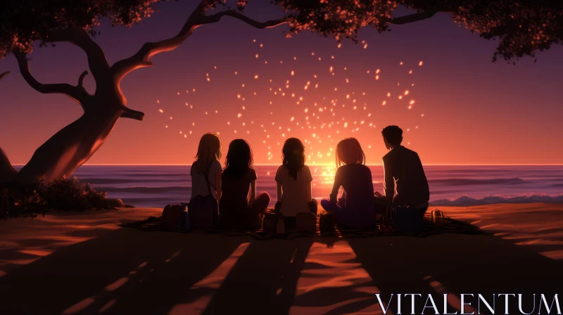 Captivating Sunset Scene: Friends Enjoying a Serene Beach Moment AI Image
