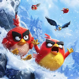 Humorous Angry Birds in Snowy Landscape