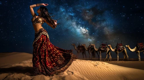 Woman Dancing with Camels in Desert