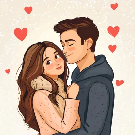 Cartoon Couple Surrounded by Hearts