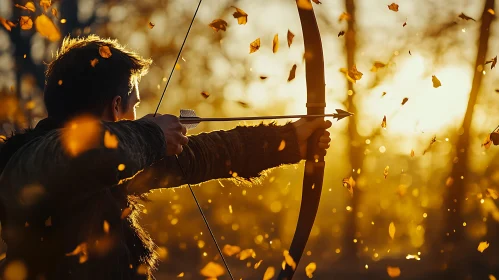 Hunter with Bow and Arrow in Autumn Forest