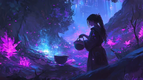 Girl Brewing Potions in Fantasy Forest