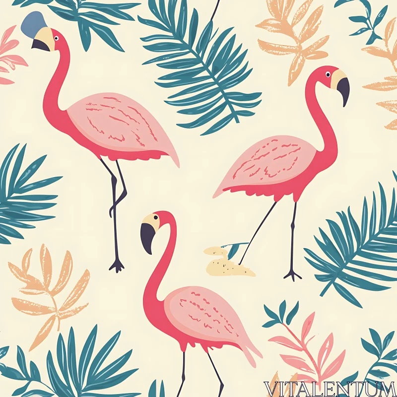 AI ART Exotic Flamingos with Tropical Foliage Pattern