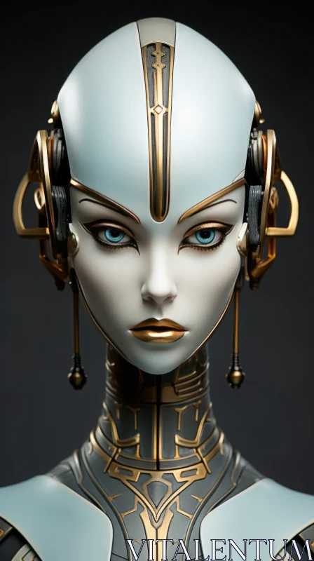 Futuristic Female Robot in Dark, White, and Gold Tones AI Image