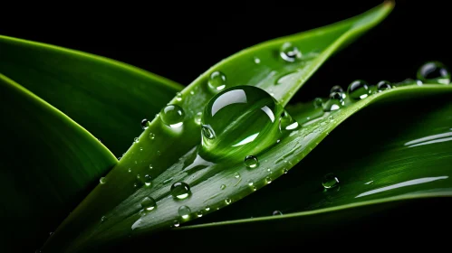 Green Leaf with Water Droplet against Black Background