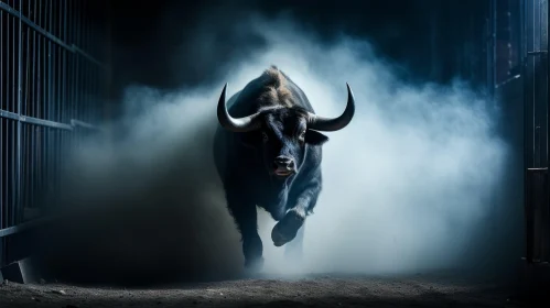 Mysterious Bull Running in Fog - A Captivating Wildlife Portrait