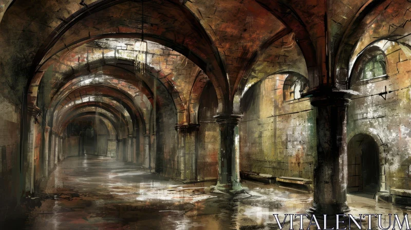 AI ART Mysterious Dark Hallway with Arches and Benches