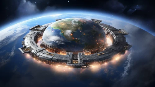 Photorealistic Spaceship Orbiting Earth in Cityscape Environment