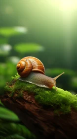 Sunlit Snail on Mossy Log: A Study in Motion and Tranquility