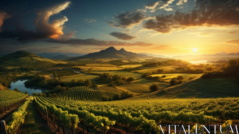Sunset over Scenic Vineyards: A Captivating European Landscape AI Image