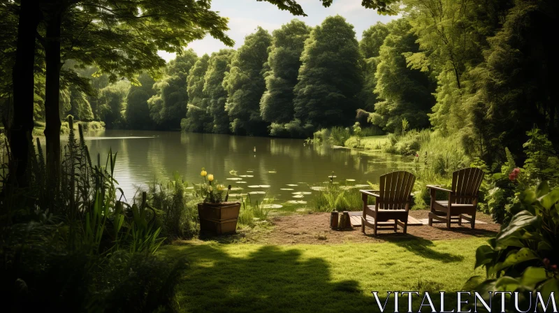Tranquil Lake Scene with Chairs and Trees | Nature Photography AI Image