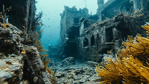 Underwater View of a Partially Collapsed Stone Building