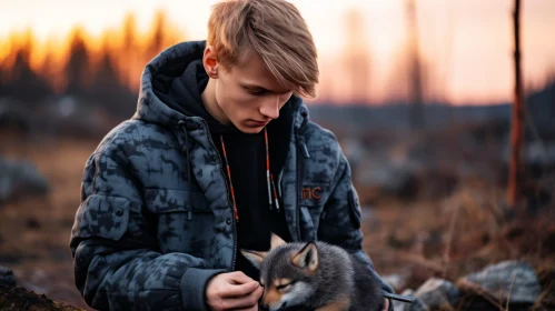 Young Man with Fox Companion in Dark and Gloomy Forest