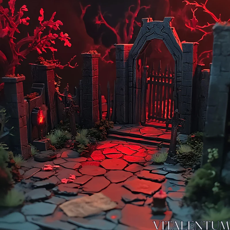 AI ART Red Lit Stone Gate