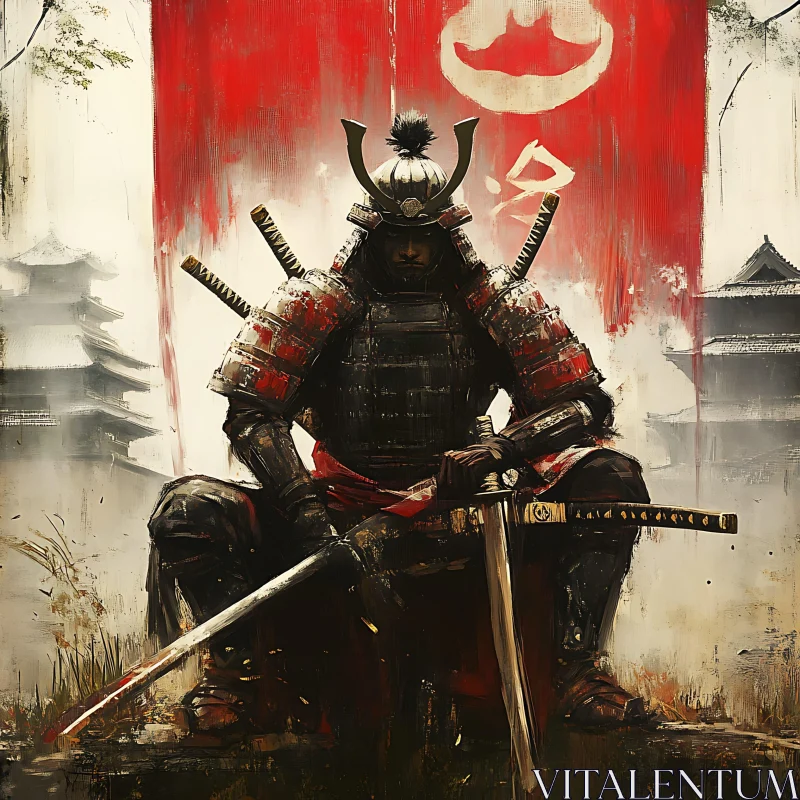 AI ART Seated Samurai with Red Banner