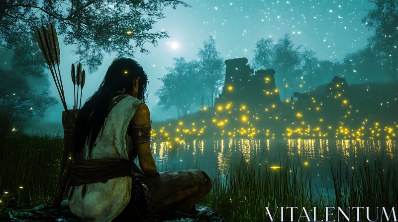 Woman watching fireflies at night AI Image