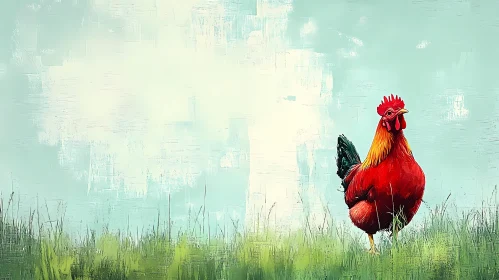 Colorful Rooster in Grassland Painting