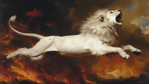 Leaping Lion Amidst Fiery Skies