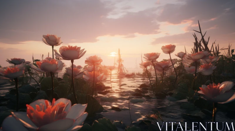 3D Blooming Lily in Ethereal Water Landscape at Sunset AI Image
