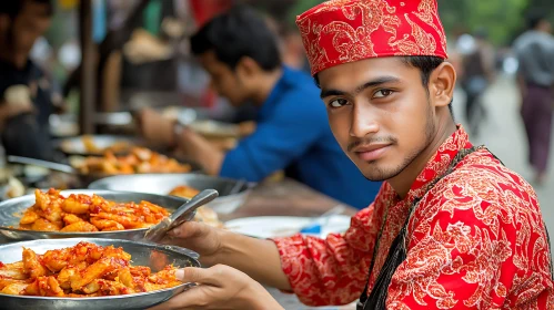 Man in Red Serving Food