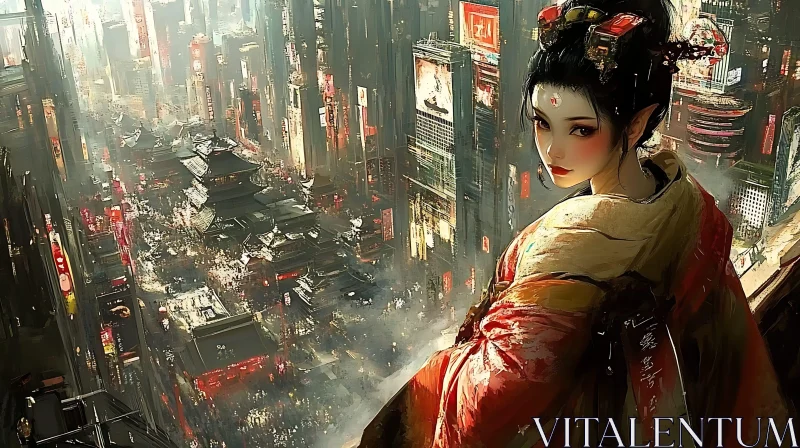 Cyberpunk Geisha Overlooking Neo-Tokyo AI Image