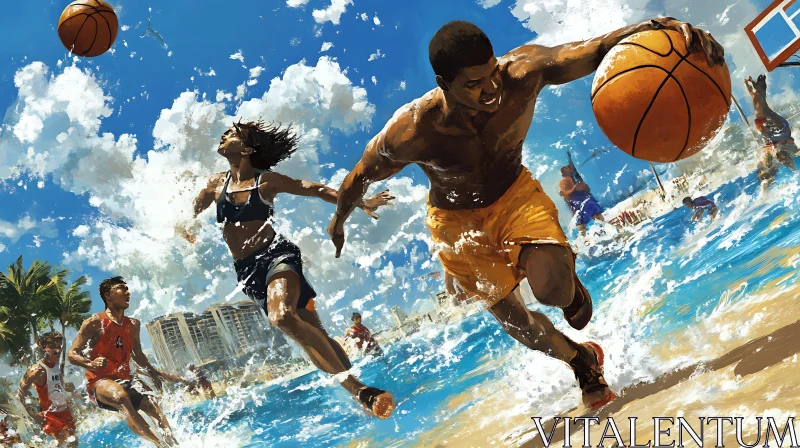 Basketball Fun at the Beach AI Image