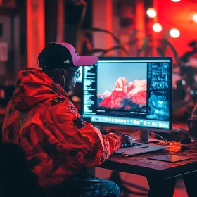 Digital Designer in Red-Hued Workspace