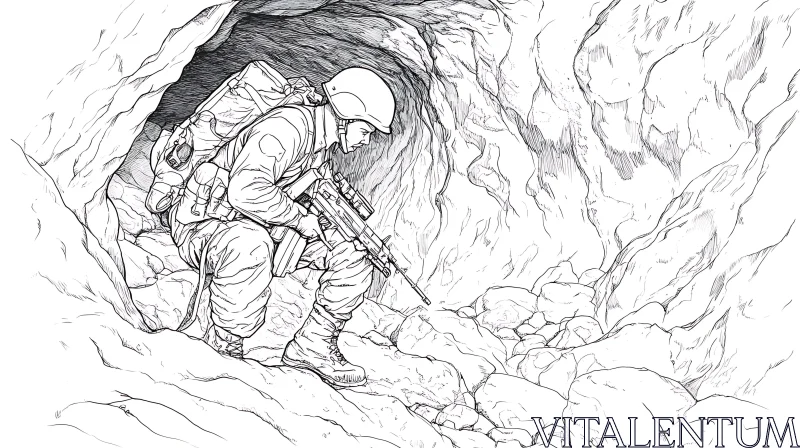 AI ART Line Art: Soldier in Cave