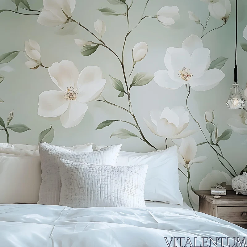 White Flowers Wall Art in Cozy Bedroom AI Image