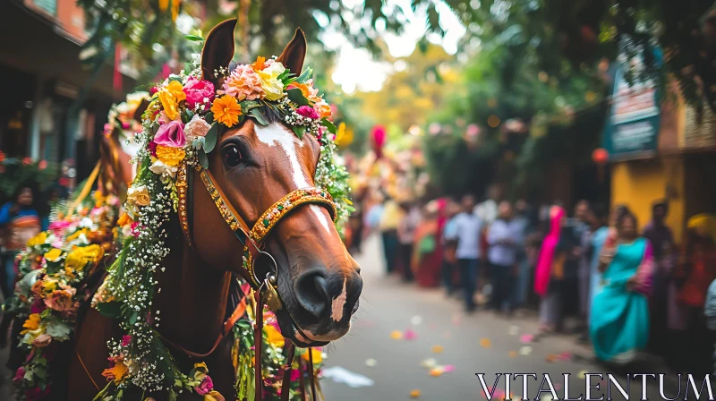 Decorated Horse with Floral Adornments AI Image