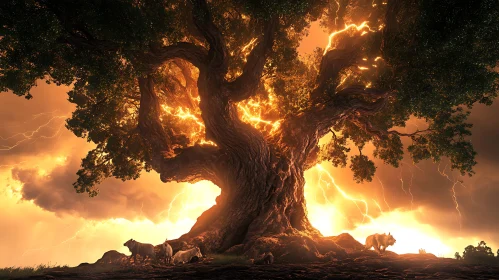 Golden Lightning Tree with Animals