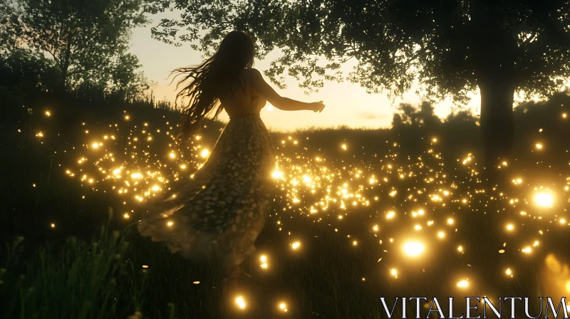 AI ART Golden Hour Serenity: Woman and Fireflies