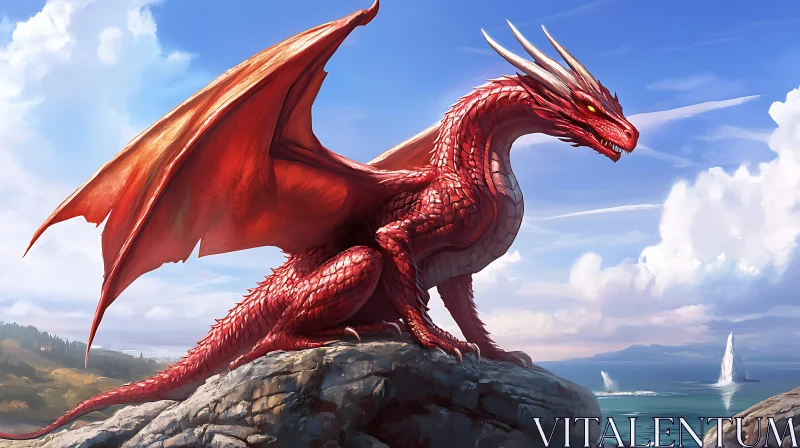 Fantasy Dragon Overlooking the Sea AI Image