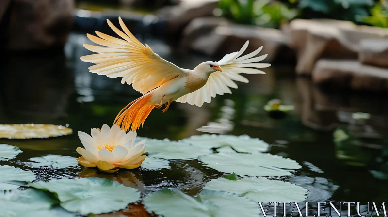 Golden Bird Lotus Flight Pond View AI Image