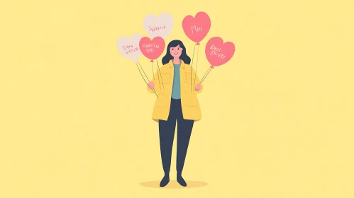 Woman with Love Balloons Illustration