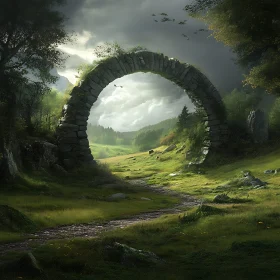 Mystical Stone Arch in Grassy Field