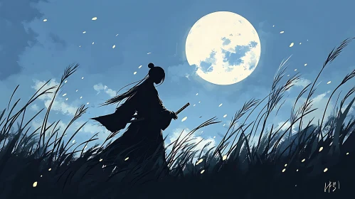 Moonlit Samurai Silhouette in the Night