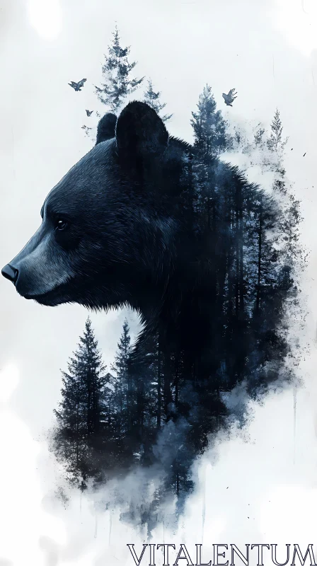 Bear Profile with Forest and Birds AI Image