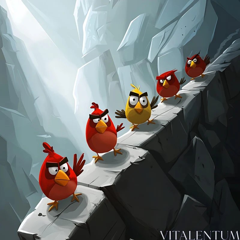 Cartoon Birds on a Cliff AI Image