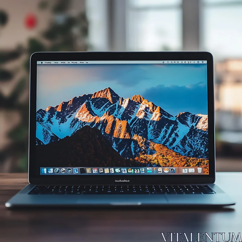 Sleek Laptop featuring Mountain Peaks Wallpaper AI Image