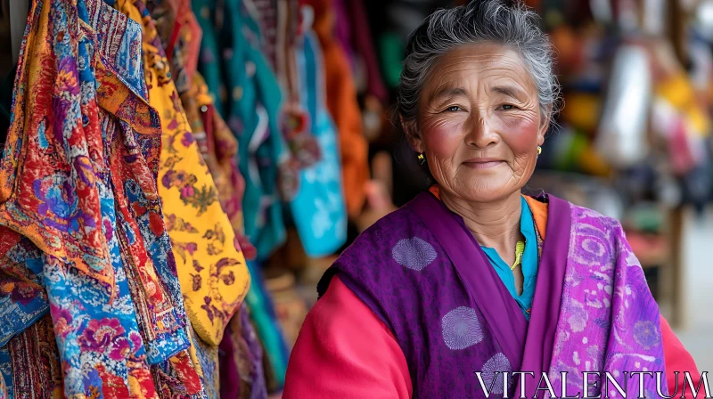 Elderly Woman's Portrait with Colorful Textiles AI Image