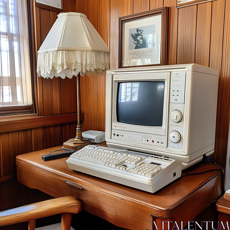 Retro Computer and Lamp on Wooden Desk AI Image