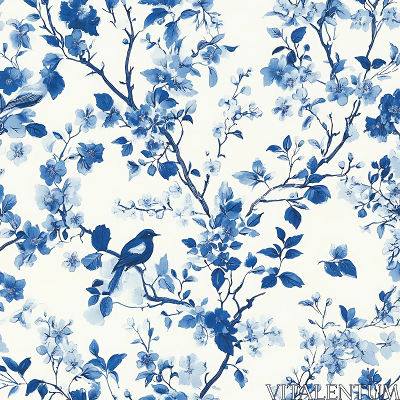 Blue Bird and Blossoming Branches Artwork AI Image