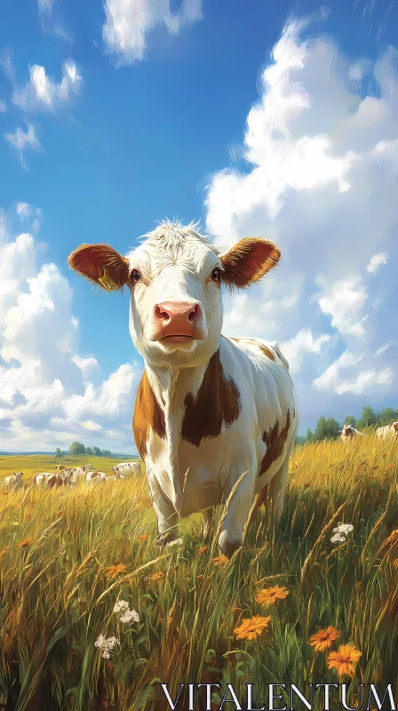 Pastoral Cow under Blue Skies AI Image